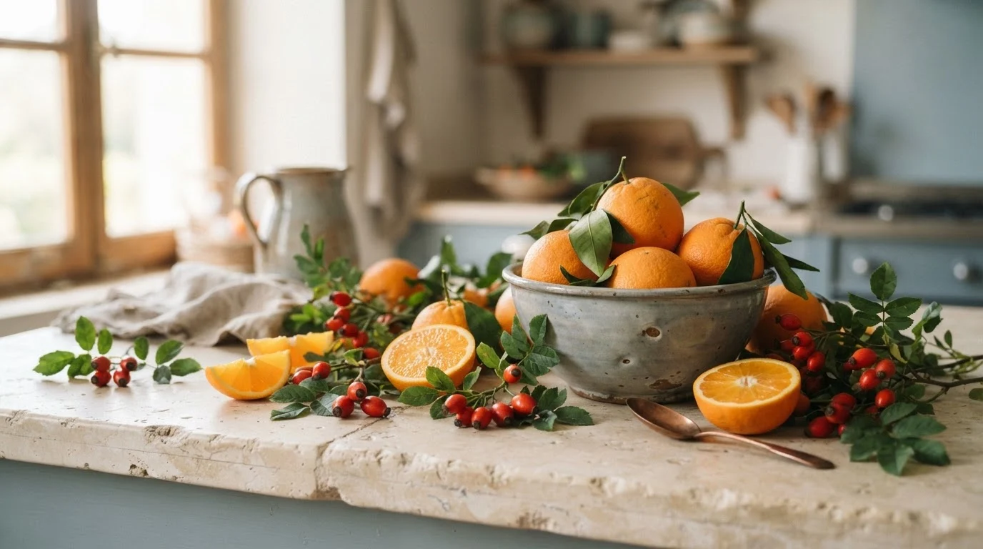 Fresh citrus fruits and berries with vitamin C content